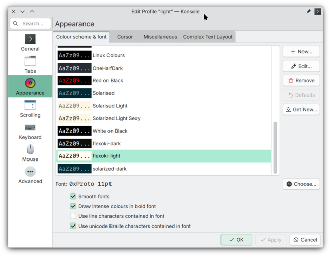 Screenshot showing example colourscheme configuration