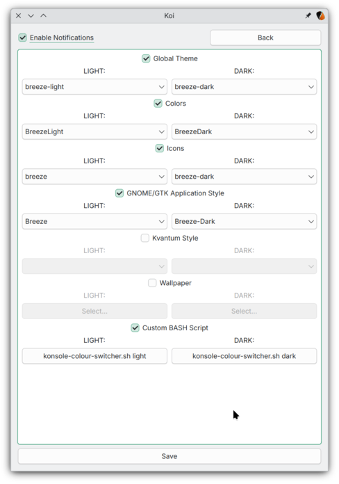 Screenshot showing my Koi configuration